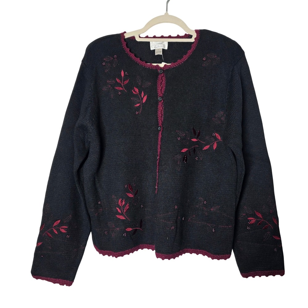 Christopher & Banks Vintage 2002 Embroidered Floral Beaded Cardigan Black Red L